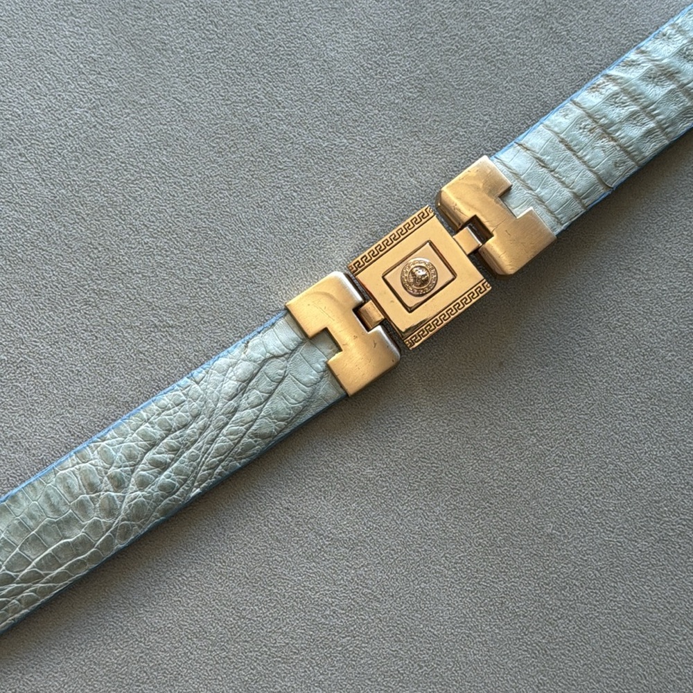 HOLSTER leather Belt Light Blue Croc Belt, Gold Greek Key, Made in Mexico